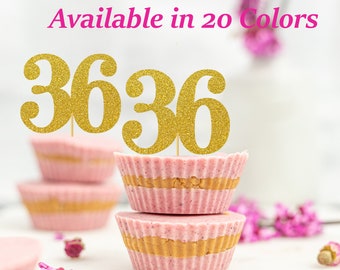 36th Birthday Cupcake Toppers | Glitter Number 36 Decorations | 36th Party Decor | Age 36 Milestone | Party Favors Birthday Party Supplies