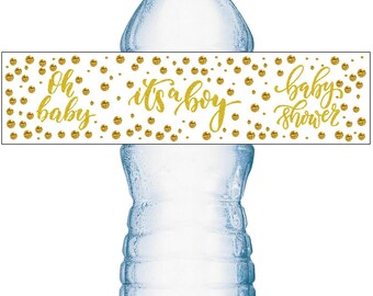 20 Gold  Oh Baby Its a Boy Water Bottle Labels; Baby Shower Set of 20 Waterproof Water Bottle Wrappers; Gold and White.
