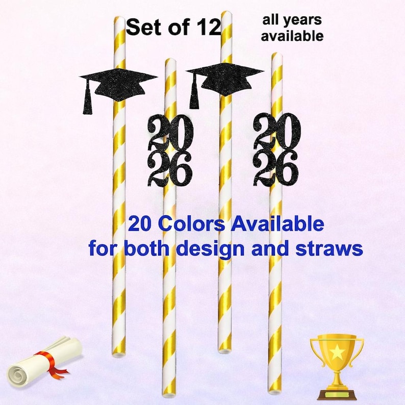 Class of 2026 Graduation Party Straws (SET OF 12) Grad Party Favors Table Decorations Graduation Straw Toppers Graduation Decorations 2026 image 1