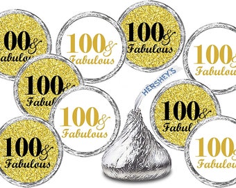 100 and Fabulous Birthday Kisses Stickers, (Set of 216)  Labels Stickers For   Kisses Party 100th Favors Decor (CANDY NOT INCLUDED)