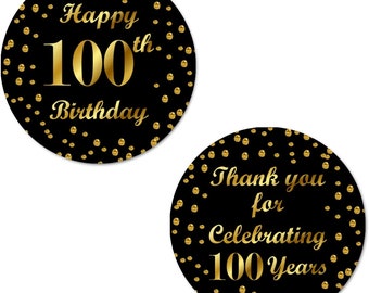 100th Birthday 100th Happy Birthday Stickers, 2 Inch Big Round Glossy Labels Made in USA (Black and Gold Label) SET OF 40