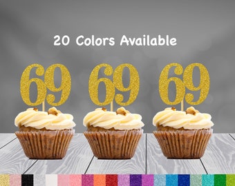 69th Birthday Cupcake Toppers | Glitter Number 69 Decorations | 69th Party Decor | Age 69 Milestone | Party Favors Birthday Party Supplies