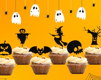 Halloween Cupcake Toppers ===== Set of 12  Halloween Haunted House Glitter Decorations Halloween Birthday Decorations