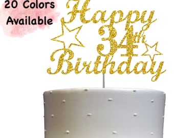 34th Birthday Cake Topper | Glitter Party Decoration | Happy Birthday Decor | Number 34 Milestone Celebration Elegant Topper for All Ages