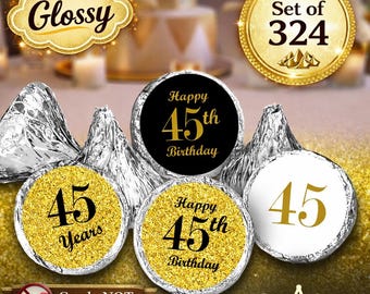45th Birthday Party Labels Set of 324 Self-Adhesive Glossy Stickers Party Favors Candy Bags (CANDY NOT INCLUDED) Perfect for Kisses Bottoms