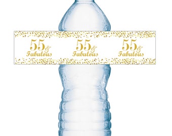 55 and Fabulous | 55th Birthday Water Bottle Labels | (SET of 25) | Glossy Waterproof Labels Birthday Party Decorations | Number 55