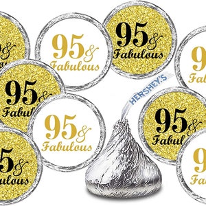 Any Age 95 and Fabulous Birthday Kisses Stickers (Set of 216) Adult 95th Birthday Gold Theme Label Stickers 95th Birthday Party Favors Decor