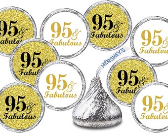 Any Age 95 and Fabulous Birthday Kisses Stickers (Set of 216) Adult 95th Birthday Gold Theme Label Stickers 95th Birthday Party Favors Decor