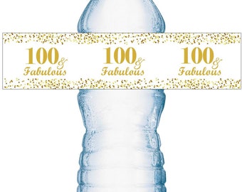 100 and Fabulous | 100th Birthday Water Bottle Labels | (SET of 25) | Glossy Waterproof Labels Birthday Party Decorations | Number 100