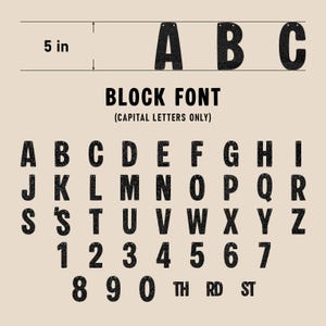 May include: A set of black glittery capital letters, numbers, and the suffixes TH, RD, and ST. The characters are in a block font and each measures 5 inches in height. The letters A, B, and C are shown at the top with a measurement indicator.