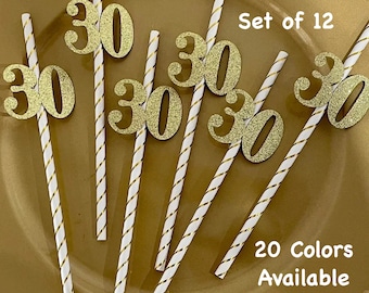 ANY NUMBER 30th Birthday Party Straws with Glitter Number  (SET of 12)Birthday Decorations (Number available in 20 Glitter Colors