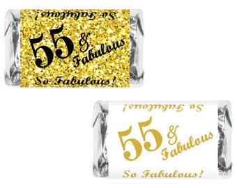 55 and Fabulous | Set of 60 Glossy Stickers | 55th Birthday Labels for Miniature Candy Bar Wrapper | Age 55 Number 55 | CANDY NOT INCLUDED