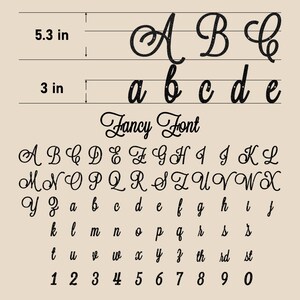 May include: A black glittery alphabet set in a cursive script font labeled Fancy Font. Uppercase letters A, B, C measure 5.3 inches in height, while lowercase letters a, b, c, d, e measure 3 inches. The set includes uppercase, lowercase, and numbers.
