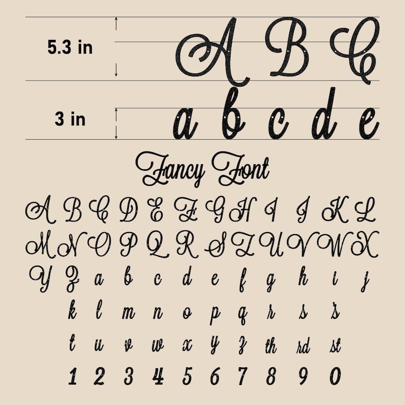 May include: A black glittery alphabet set in a cursive script font labeled Fancy Font. Uppercase letters A, B, C measure 5.3 inches in height, while lowercase letters a, b, c, d, e measure 3 inches. The set includes uppercase, lowercase, and numbers.