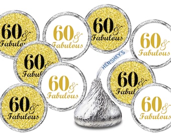 Any Age 60 and Fabulous Birthday Kisses Stickers (Set of 216)  Labels Stickers For Party Favors Decor 60th Birthday (CANDY NOT INCLUDED)