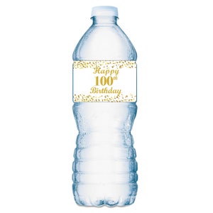 Any Number 100th Birthday Water Bottle Glossy Waterproof Labels (Set of 20) Waterproof  Wrappers Gold and White Happy Birthday Age Labels