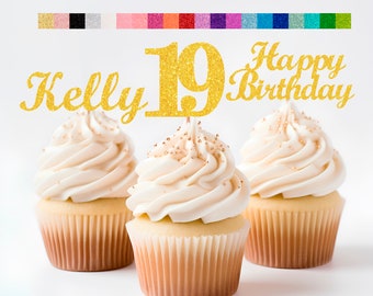 19th Birthday Decorations Personalized Birthday Cupcake Toppers Custom Age, Name & Happy Birthday Sign - Party Decorations for Kids Adults