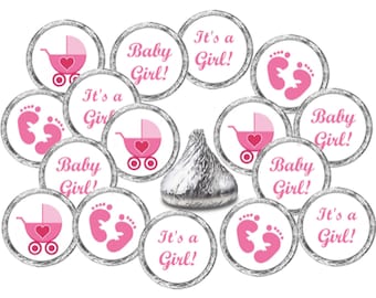 324 Pink Its a Girl Baby Shower Favors Stickers For Baby Shower Or Baby Sprinkle Party, Baby Shower Kisses Stickers (CANDY NOT INCLUDED)