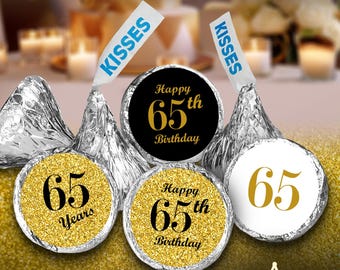 65th Birthday Party Labels Set of 324 Self-Adhesive Glossy Stickers Party Favors Candy Bags (CANDY NOT INCLUDED) Perfect for Kisses Bottoms