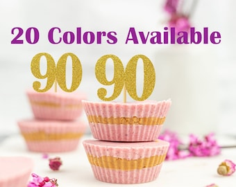 90th Birthday Cupcake Toppers | Glitter Number 90 Decorations | 90th Party Decor | Age 90 Milestone | Party Favors Birthday Party Supplies