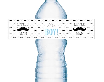 20 Little Man Mustache Its a Boy Baby Shower Party Water Bottle Labels; Waterproof Water Bottle Wrapper  Water Bottle Stickers Labels