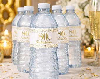 80 & Fabulous Water Bottle Labels (SET of 25 Waterproof Labels) 80th Birthday Party Decorations, Glossy Waterproof Bottle Wrappers
