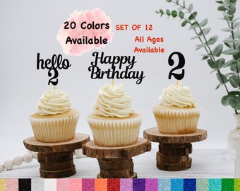 2nd Birthday Cupcake Toppers | Hello 2 Theme | Number 2 | Happy Birthday Sign | Glitter Birthday Decorations | Age Toppers Party Decor