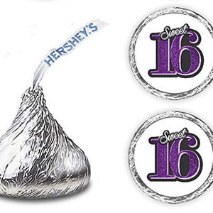 Sweet 16 Kisses Stickers (Set of 216) Purple 16th Birthday Labels Stickers   Kisses Party Favors birthday decor (Candy NOT INCLUDED)