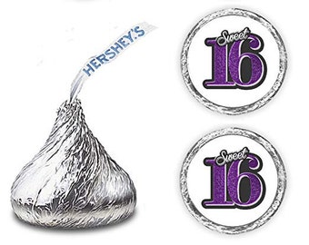 Sweet 16 Kisses Stickers (Set of 216) Purple 16th Birthday Labels Stickers   Kisses Party Favors birthday decor (Candy NOT INCLUDED)