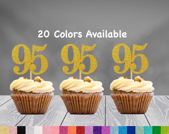 95th Birthday Cupcake Toppers | Glitter Number 95 Decorations | 95th Party Decor | Age 95 Milestone | Party Favors Birthday Party Supplies