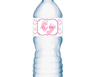 20 Pink its a girl  Footprints Baby Shower Party Water Bottle Labels; Waterproof Water Bottle Wrappers; pink Water Bottle Water Proof Labels