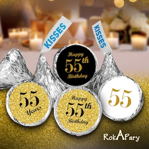55th Birthday Party Labels Set of 324 Self-Adhesive Glossy Stickers Party Favors Candy Bags (CANDY NOT INCLUDED) Perfect for Kisses Bottoms