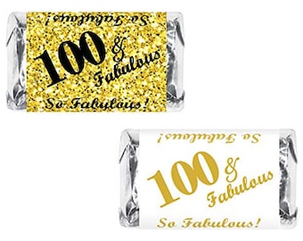 100 and Fabulous | Set of 60 Glossy Stickers | 100th Birthday Labels for Miniature Candy Bar Wrapper | Number 100 | CANDY NOT INCLUDED