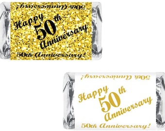 50th Anniversary Miniatures Candy Bar Wrapper, (Set of 60) Mini Candy Chocolate Bar Stickers; Gold and White, Candy Not Included