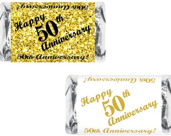 50th Anniversary Miniatures Candy Bar Wrapper, (Set de 60) Mini Candy Chocolate Bar Stickers; Or et blanc, bonbons non inclus