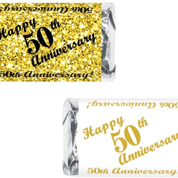 50th Anniversary Miniatures Candy Bar Wrapper, (Set of 60) Mini Candy Chocolate Bar Stickers; Gold and White, Candy Not Included