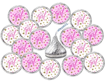 324 Its a Girl Pink Kisses Labels For Baby Shower Or Baby Sprinkle Party Or Event, Stickers, Wrappers, Favors (CANDY NOT INCLUDED) pink gold
