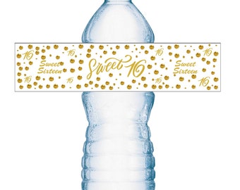 Sweet 16 Water Bottle Label Glossy Waterproof  (Set of 25) Waterproof Water Bottle Wrappers  Gold 16th Birthday Party Decoration