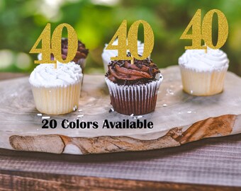 40th Birthday Cupcake Toppers | Glitter Number 40 Decorations | 40th Party Decor | Age 40 Milestone | Party Favors Birthday Party Supplies