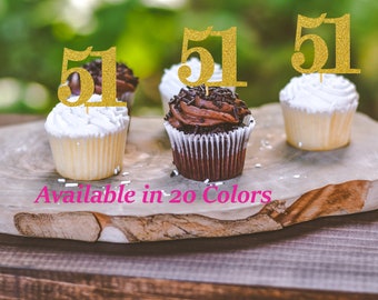 51st Birthday Cupcake Toppers | Glitter Number 51 Decorations | 51st Party Decor | Age 51 Milestone | Party Favors Birthday Party Supplies