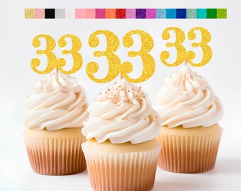 33rd Birthday Cupcake Toppers | Glitter Number 33 Decorations | 33rd Party Decor | Age 33 Milestone | Party Favors Birthday Party Supplies