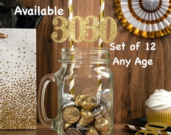Birthday Party Straws with Glitter Number  (SET of 12)Birthday Decorations (Number available in 20 Glitter Colors) ALL AGES