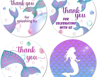 Set of 40 Mermaid Thank You for Celebrating Stickers, 2 Inch Big Round Glossy Labels Made in USA