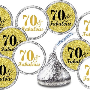 Any Age 70 and Fabulous Birthday Kisses Stickers (Set of 216) Adult 70th Birthday Gold Theme Labels Stickers Decor (CANDY NOT INCLUDED)