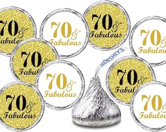 Any Age 70 and Fabulous Birthday Kisses Stickers (Set of 216) Adult 70th Birthday Gold Theme Labels Stickers Decor (CANDY NOT INCLUDED)