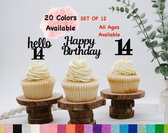14th Birthday Cupcake Toppers | Hello 14 Theme | Number 14 | Happy Birthday Sign | Glitter Birthday Decorations | Age Toppers Party Decor