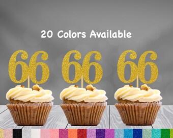 66th Birthday Cupcake Toppers | Glitter Number 66 Decorations | 66th Party Decor | Age 66 Milestone | Party Favors Birthday Party Supplies