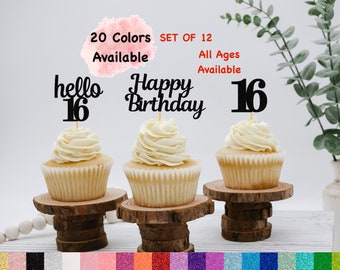 16th Birthday Cupcake Toppers | Hello 16 Theme | Number 16 | Happy Birthday Sign | Glitter Birthday Decorations | Age Toppers Party Decor