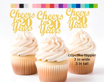 Cheers to 20 Years Cupcake Toppers – Perfect for Anniversary, Birthday, Work Anniversary, Milestone Party Decorations – 20 Colors Available