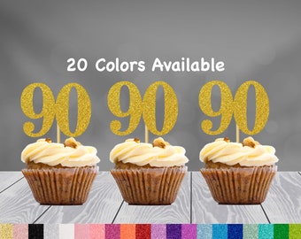 90th Birthday Cupcake Toppers | Glitter Number 90 Decorations | 90th Party Decor | Age 90 Milestone | Party Favors Birthday Party Supplies